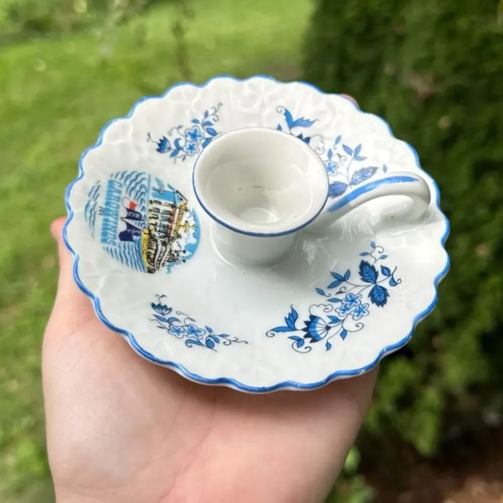 Vintage Porcelain Blue White Chamberstick Candle Holder Carowinds Amusement Park